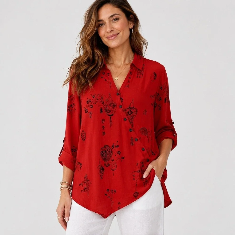 Soft Surroundings Asymmetrical Tunic Top M Red Chinese Lantern Print Roll Tab - Picture 1 of 12